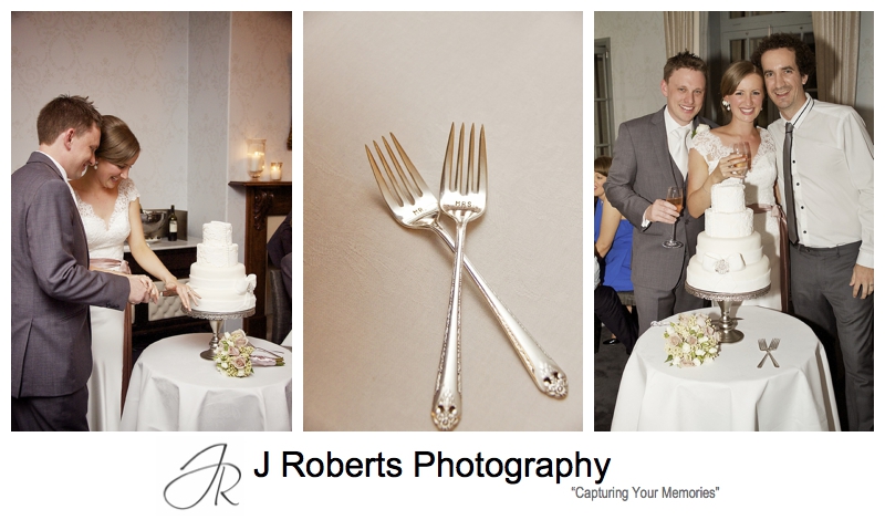 Cuting the cake with Mr & Mrs forks - wedding photography sydney